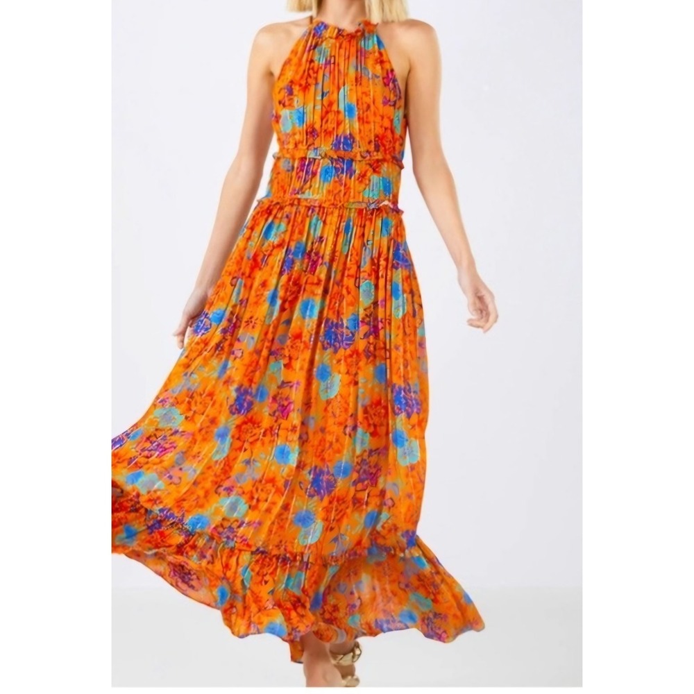 Bcbgmaxazria Maxi Dress Orange/mandarin Color Multi Floral Ruffled Metallic XL - Picture 8 of 9